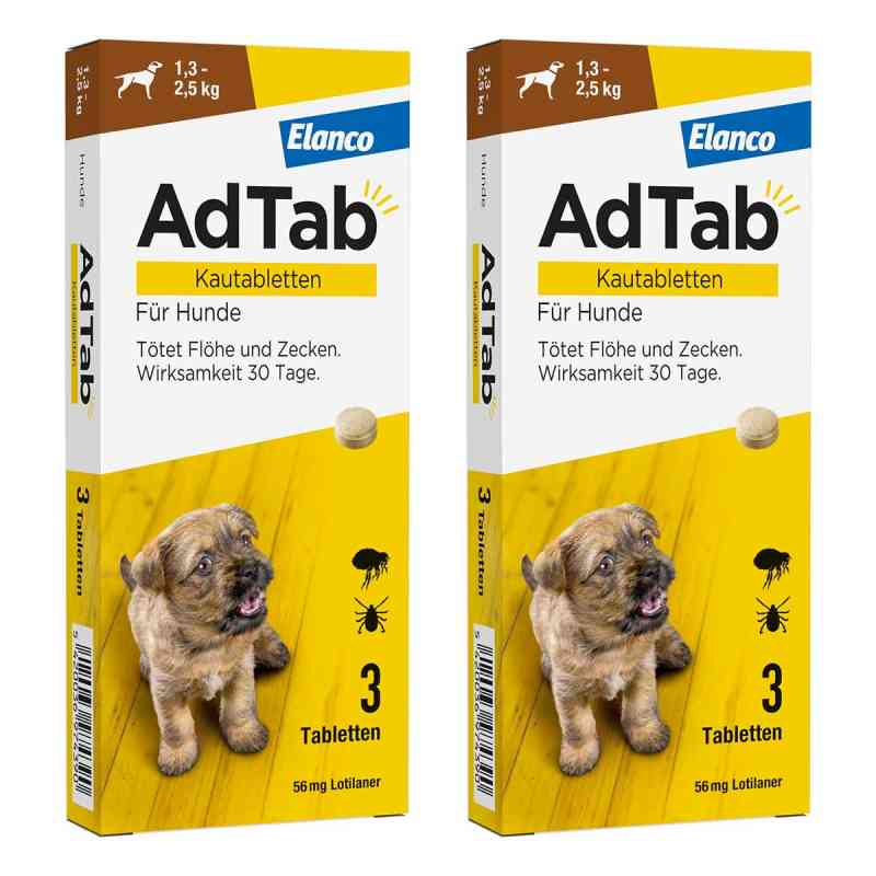 AdTab 56 Mg Kautabletten für Hunde 1,3-2,5 Kg 2x3 stk von Elanco Deutschland GmbH PZN 08102631