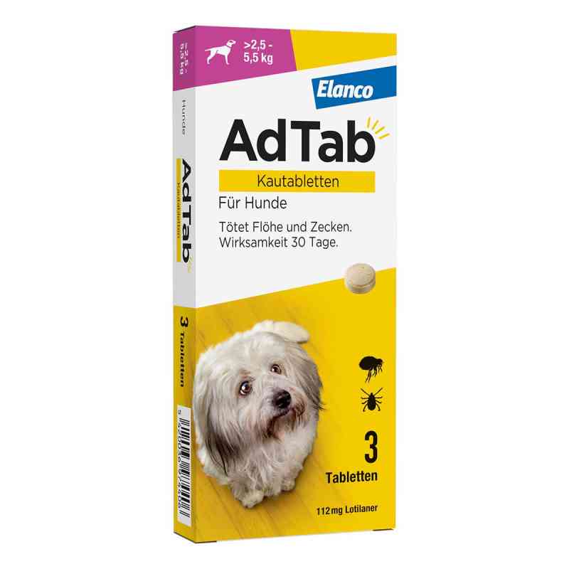 AdTab Hund 2,5 - 5,5 kg Kautablette gegen Zecken und Flöhe 3 stk von Elanco Deutschland GmbH PZN 18752640