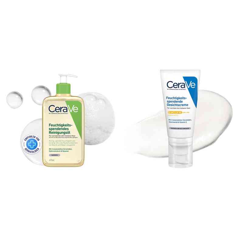Cerave Set für sehr trockene Haut: Reinigungsöl & Gesichtscreme 473+52 ml von L'Oreal Deutschland GmbH Geschäftsbereich CeraVe PZN 08105193