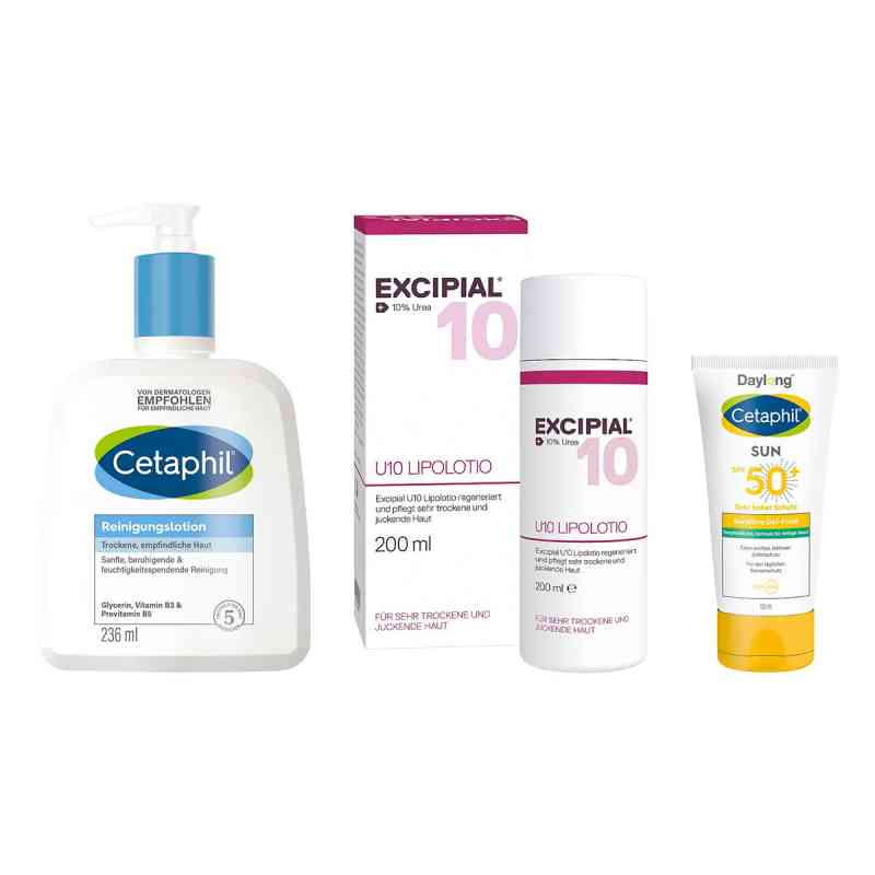 Excipial & Cetaphil Set: Urea-Pflege, Reinigung & UV-Schutz 1 Set von Galderma Laboratorium GmbH PZN 08105394