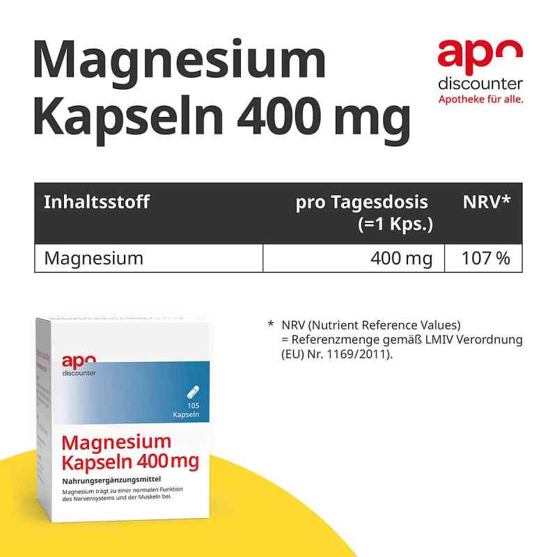 Magnesium Kapseln 400 mg von apodiscounter 105 stk 